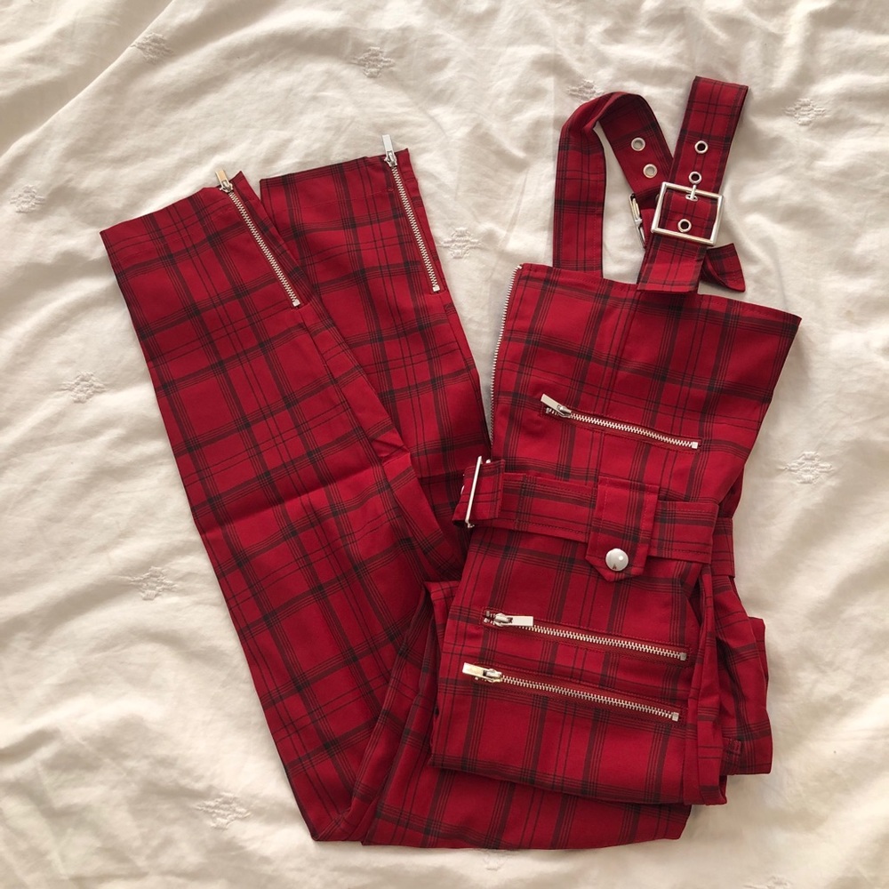 WeWoreWhat Moto Overalls Red Plaid M - Picture 5 of 6